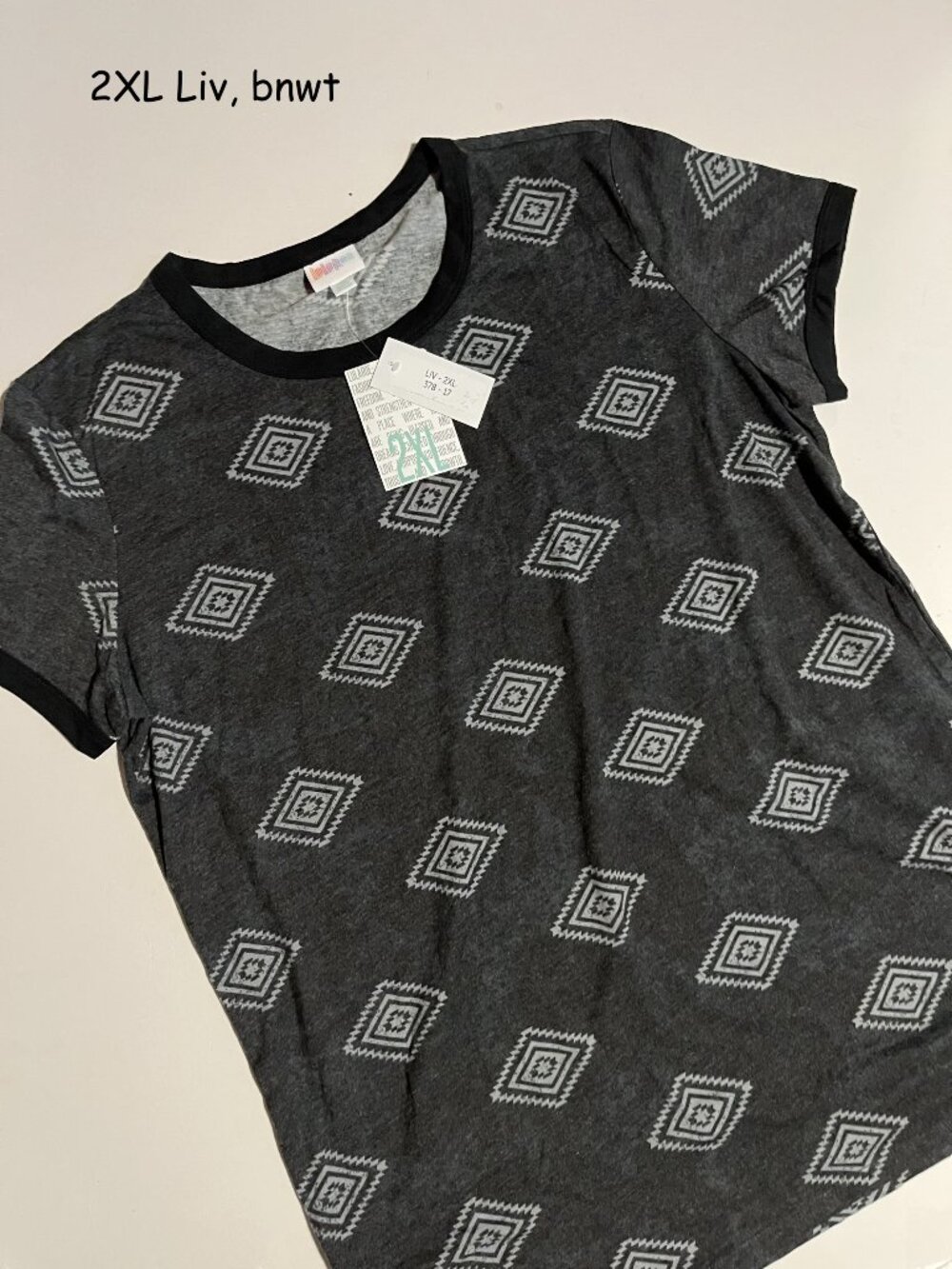 2XL Lularoe Liv T, charcoal grey with light grey medallions